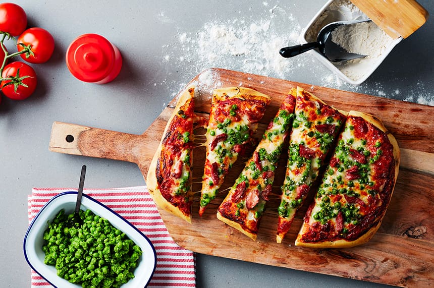 Detroit Style Smoked Ham Hock and Green Pea Pizza