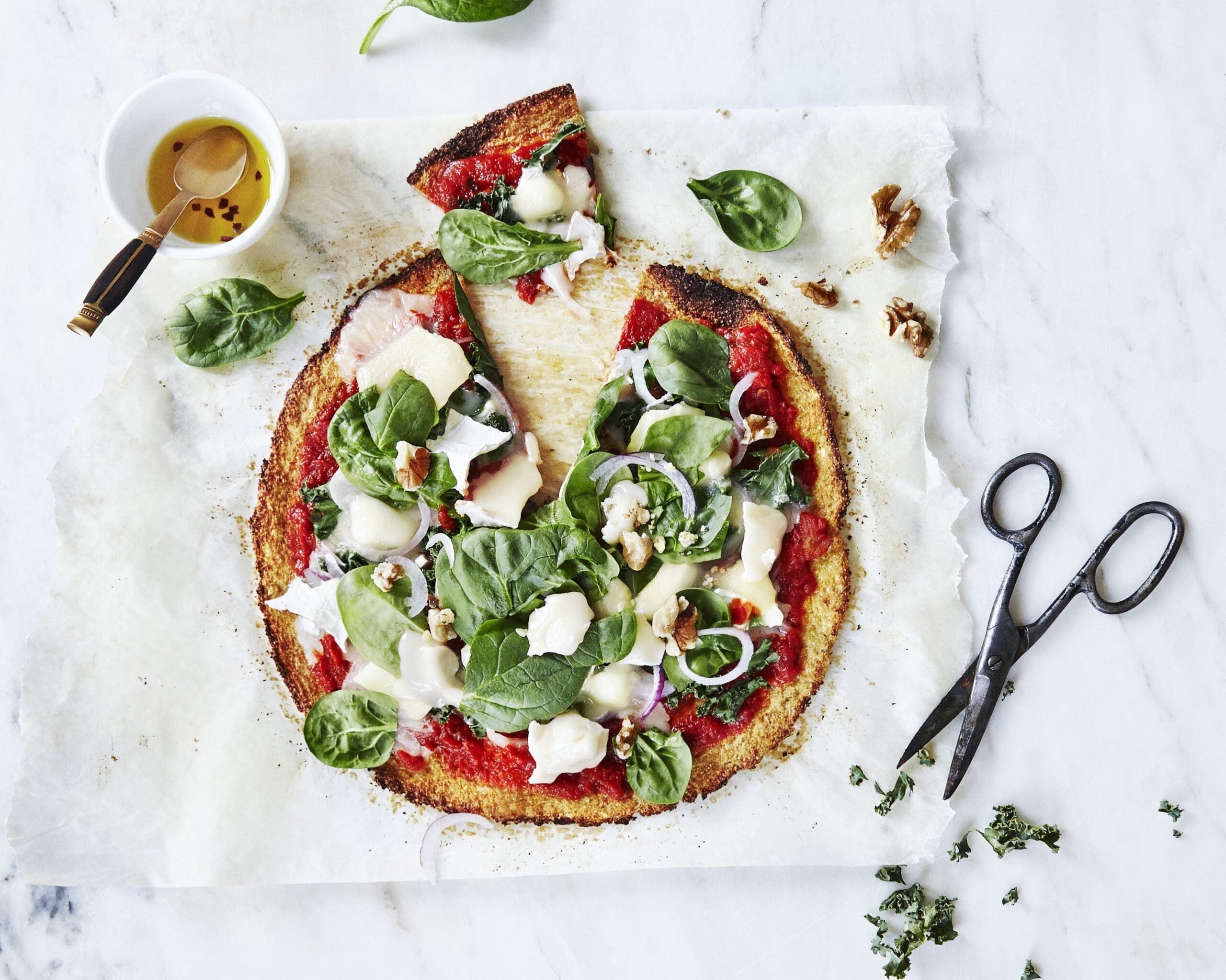 Cauliflower, Spinach and Goat’s Cheese Pizza (Gluten Free)